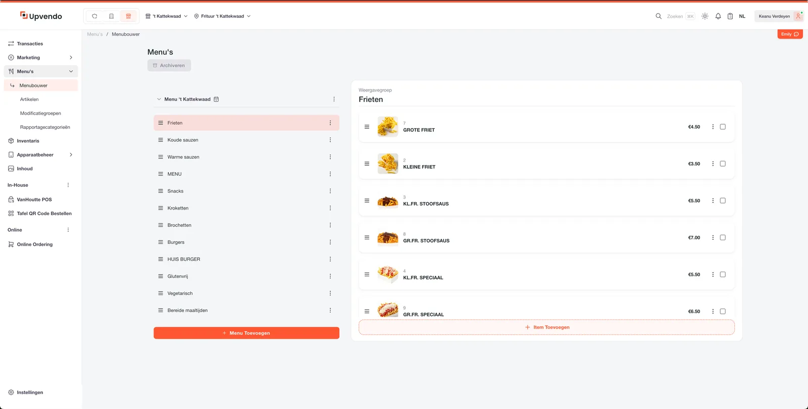 Éditeur de menu dans le back-office Upvendo