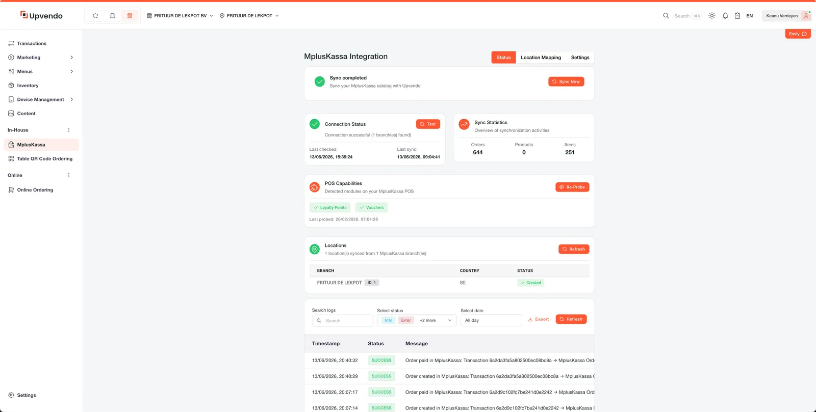 Intégration MplusKassa dans le backoffice Upvendo avec statut de synchronisation et établissements