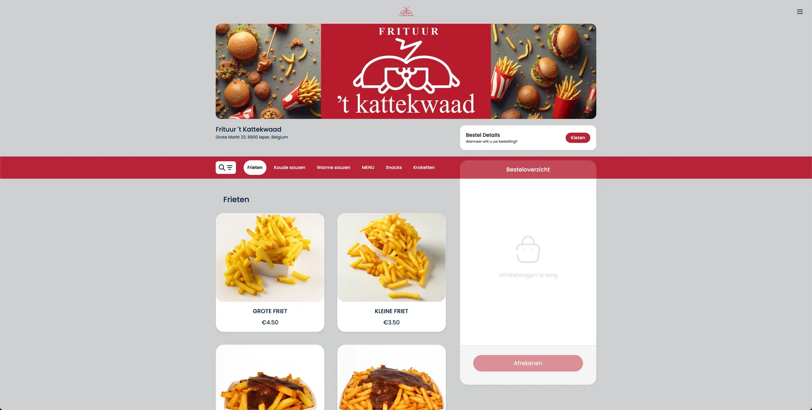 Menu de commande en ligne d'une friterie sur ordinateur